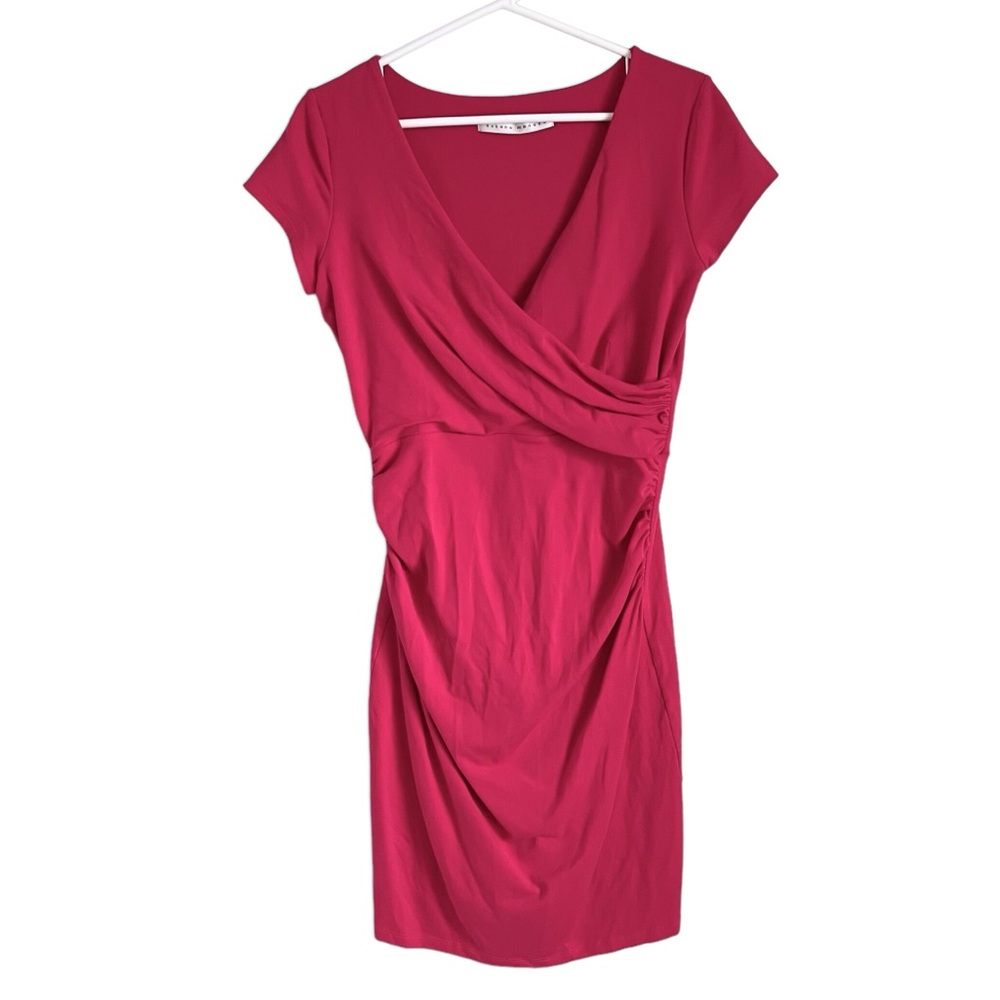 Susana Monaco Bright Pink Faux Wrap Capped Sleeve Mini Dress Ruched Size Large